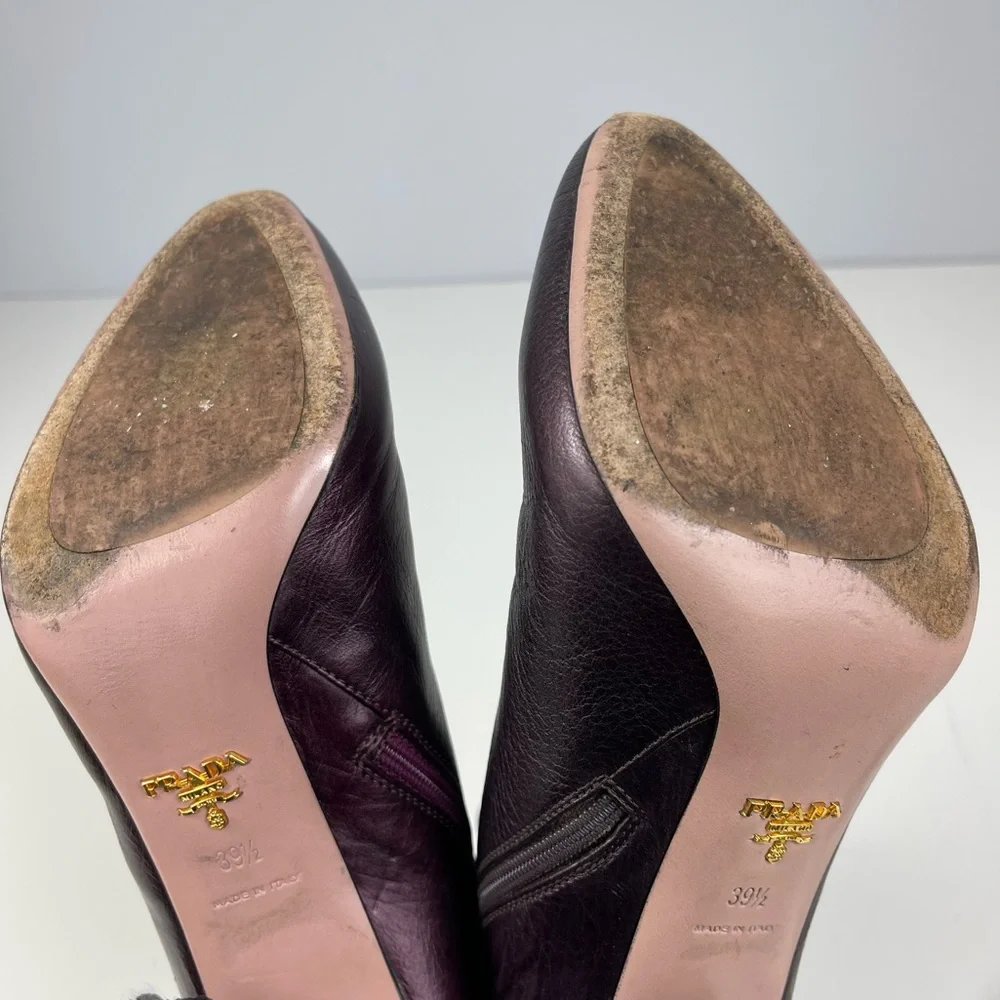 PRADA Women’s Plum Metallic Bronzed High Heel Side Zip Ankle Boots Booties 39.5 - Picture 12 of 16